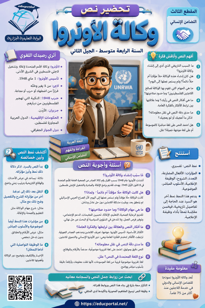 تحضير نص وكالة الأونروا للسنة الرابعة متوسط الجيل الثاني